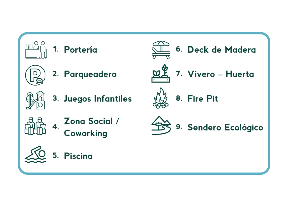 Amenidades: 1 Portería, 2 Parqueadero, 3 Juegos infantiles, 4 Zona social y coworking, 5 Piscina, 6 Deck de madera, 7 Vivero y huerta, 8 Fire pit, 9 Sendero ecológico