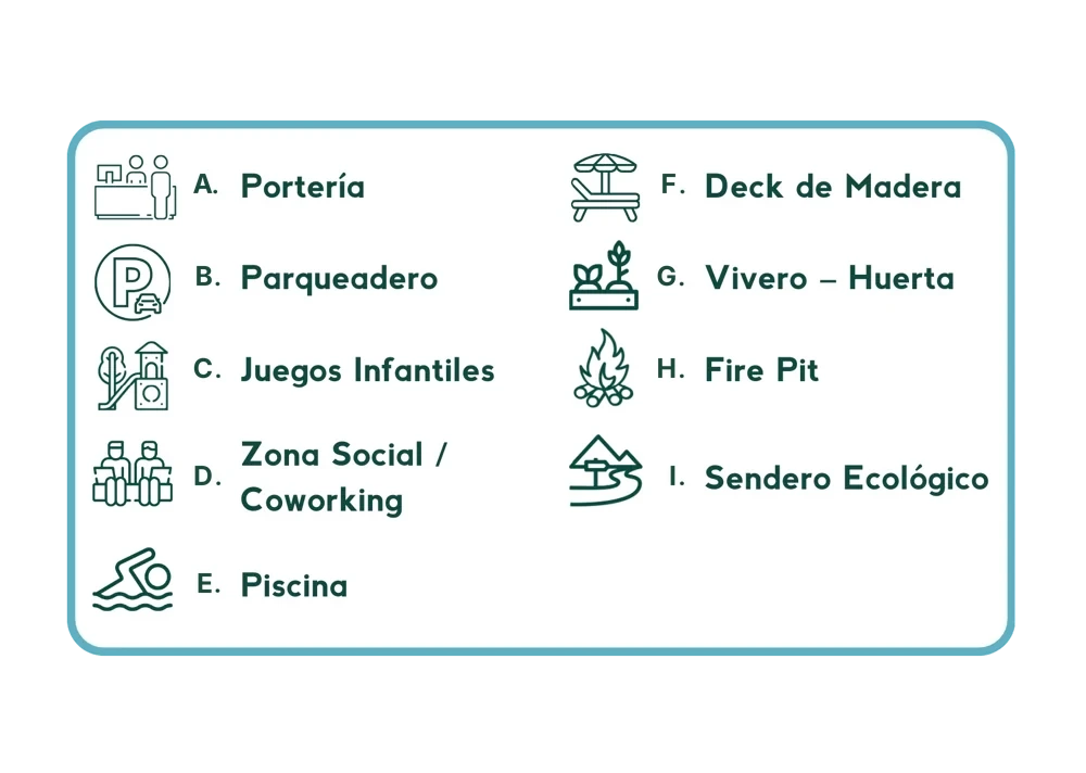 Amenidades: A Portería, B Parqueadero, C Juegos infantiles, D Zona social y coworking, E Piscina, F Deck de madera, G Vivero y huerta, H Fire pit, I Sendero ecológico